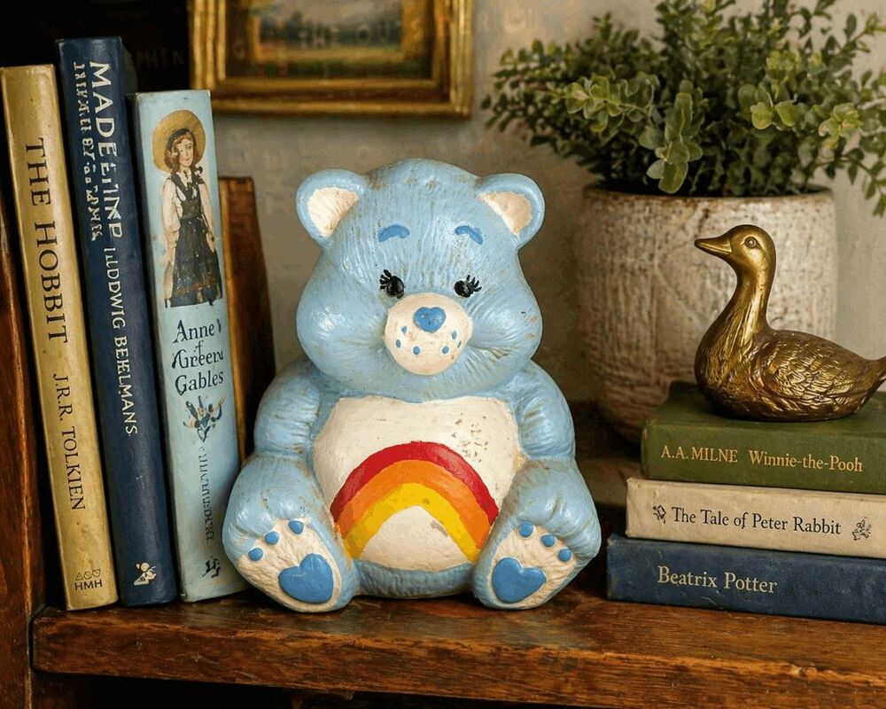 Care Bears Bedtime Bear Rainbow Belly Ceramic Bank Figurine Blue 1980s Vintage